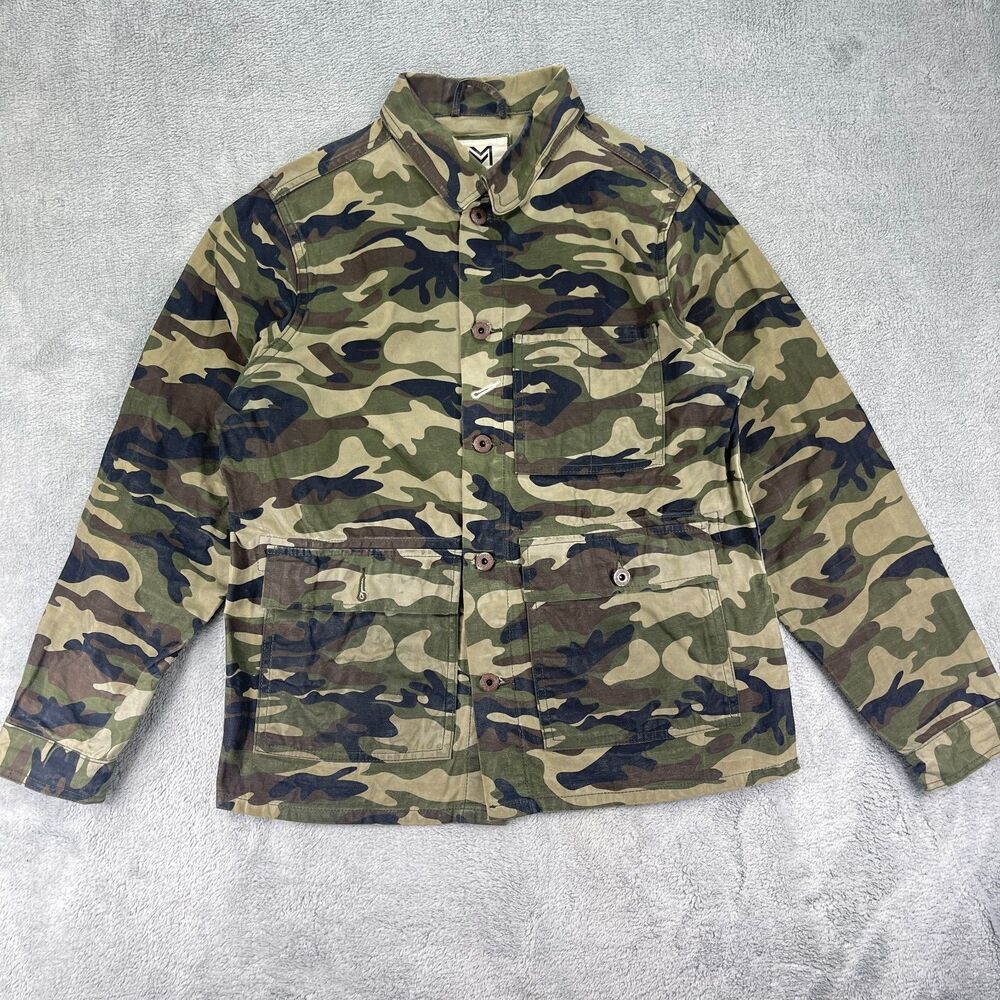 Maden Amekaji Wear Shirt Jacket Men L Green Wax Woodland Camo Button Shacket